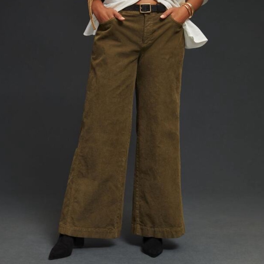 Anthropologie Gwen Wide Leg Relaxed Fit Corduroy Pants in Moss by Pilcro